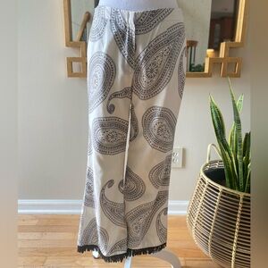 Vintage Trina Turk Paisley Print Ankle Crop Pants with Fringe